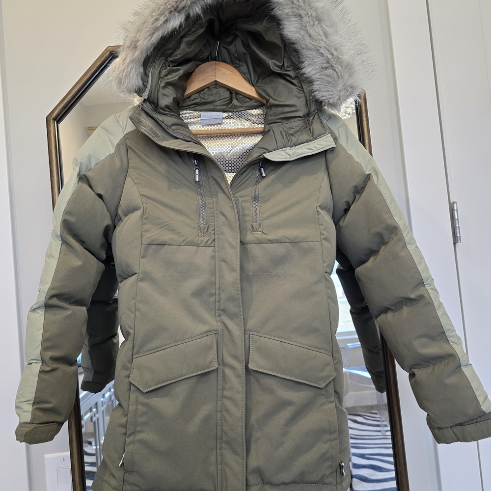 Columbia Kids Olive Puffer Jacket with Faux Fur Hood